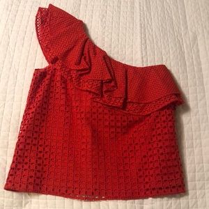 J. Crew Red Ruffle One Shoulder Eyelet Blouse